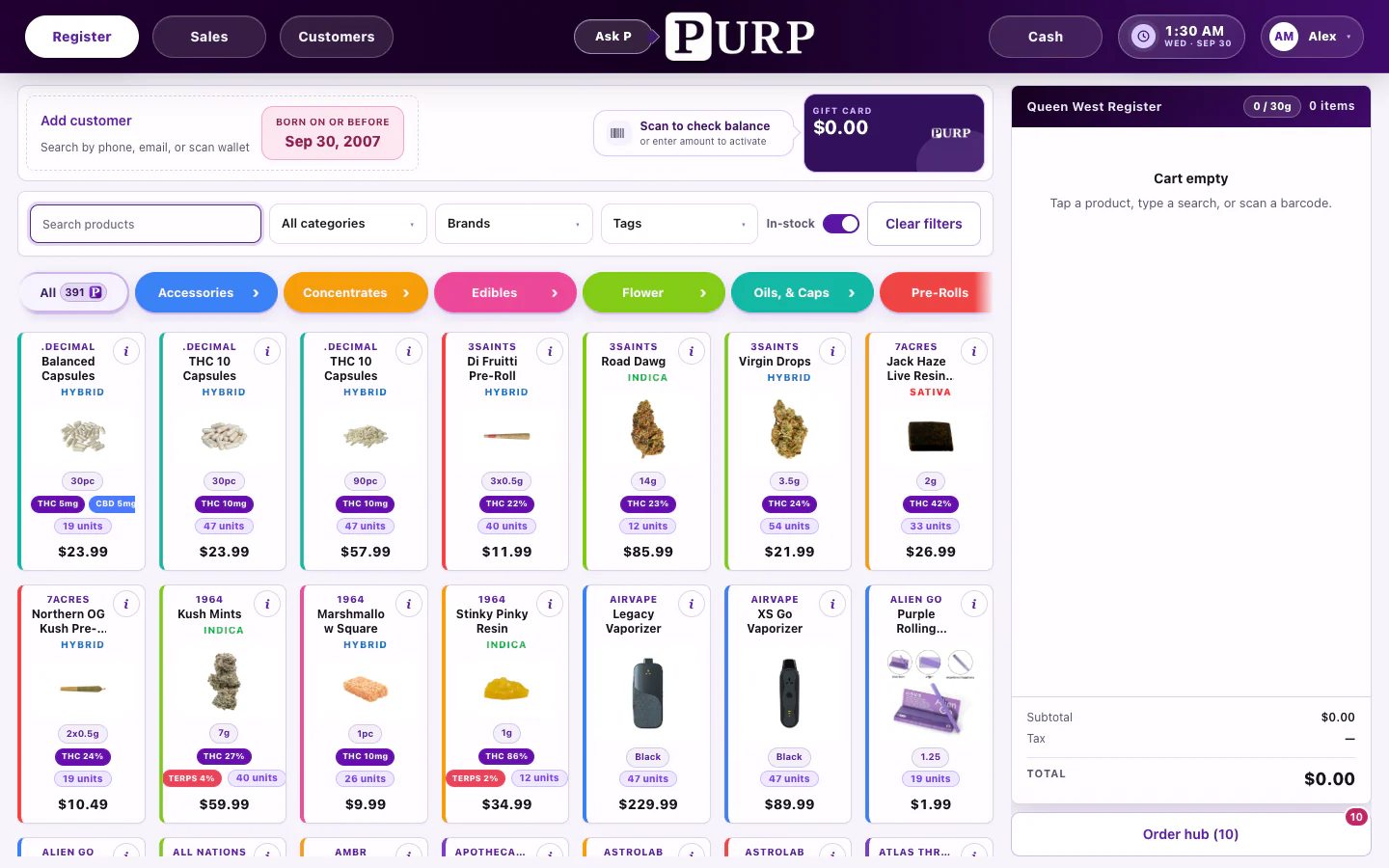 The PURP register, with products and a sale on one screen