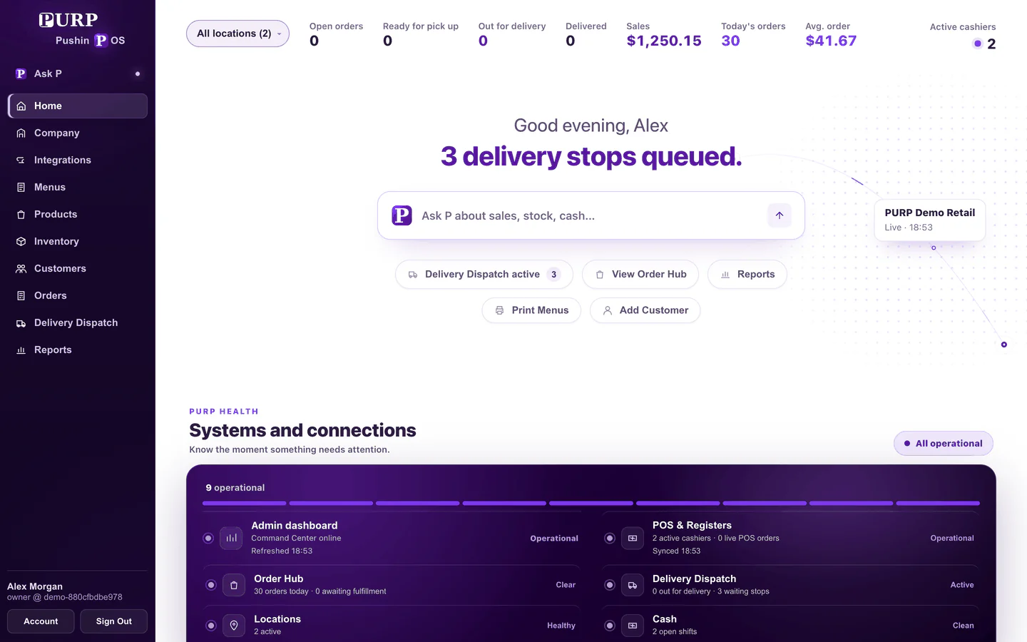PURP Admin home with the company's health and open orders