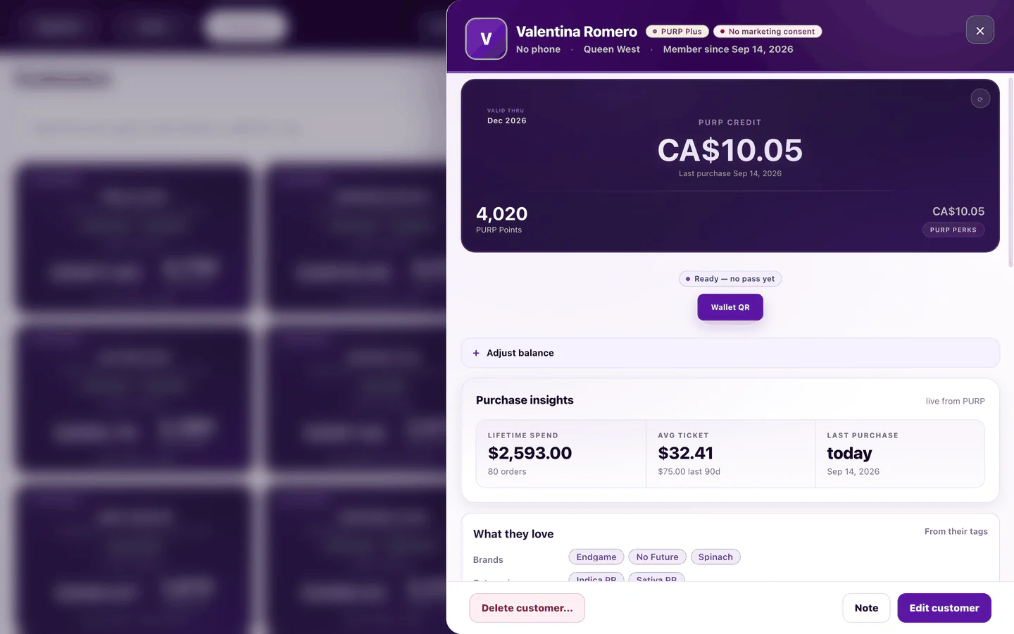 A customer profile in PURP POS at the counter