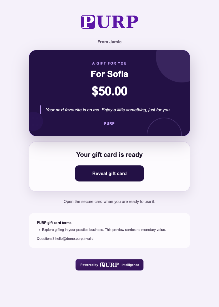 A branded PURP gift card email